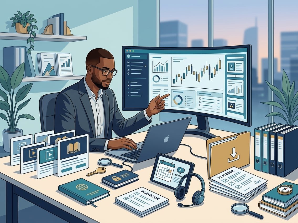 A learner reviews trading courses and resources at a modern workspace with market charts and educational materials.