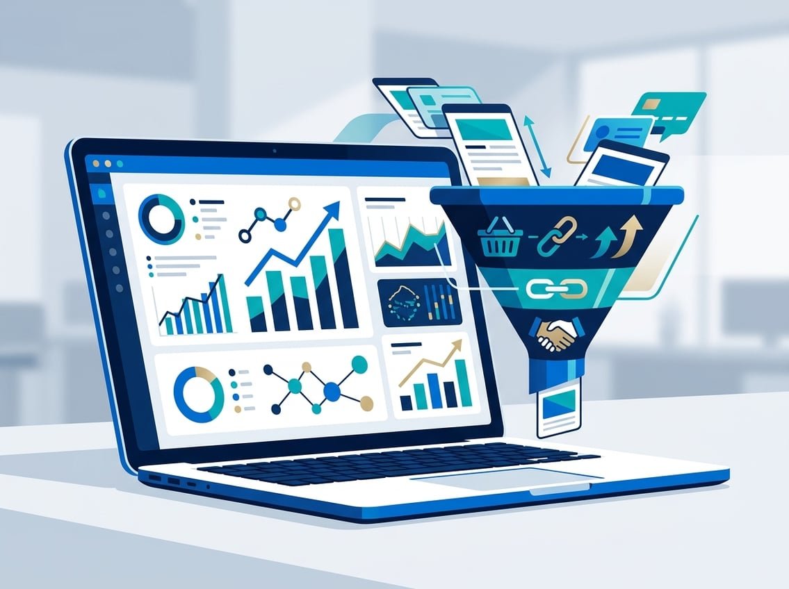 A modern laptop displays abstract marketing analytics beside connected partnership and online shopping symbols.