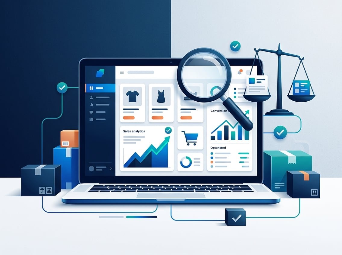 A modern e-commerce dashboard with sales charts, product cards, shopping packages, and a magnifying glass.