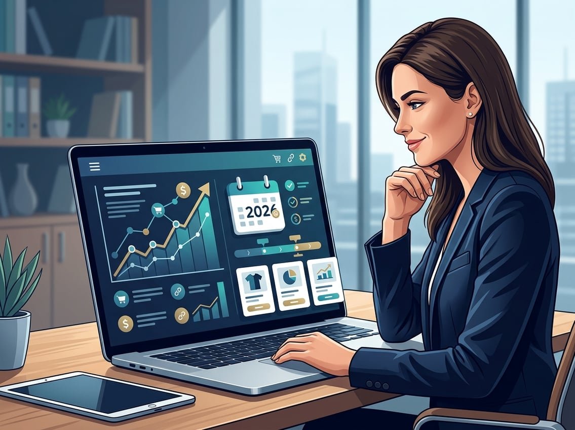 A professional reviewing affiliate marketing analytics on a laptop beside charts, partnership icons, and a calendar.