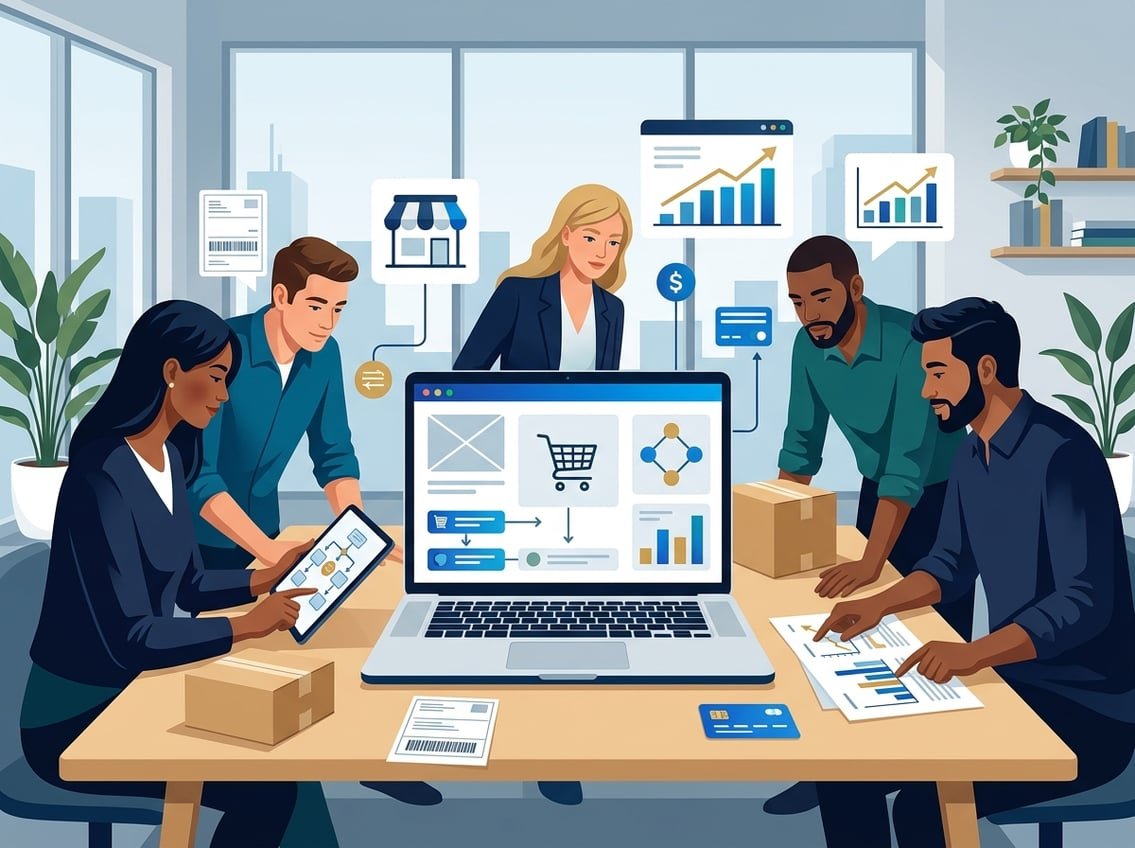A diverse team collaborates around a laptop showing an abstract e-commerce dashboard, with packages and business analytics nearby.