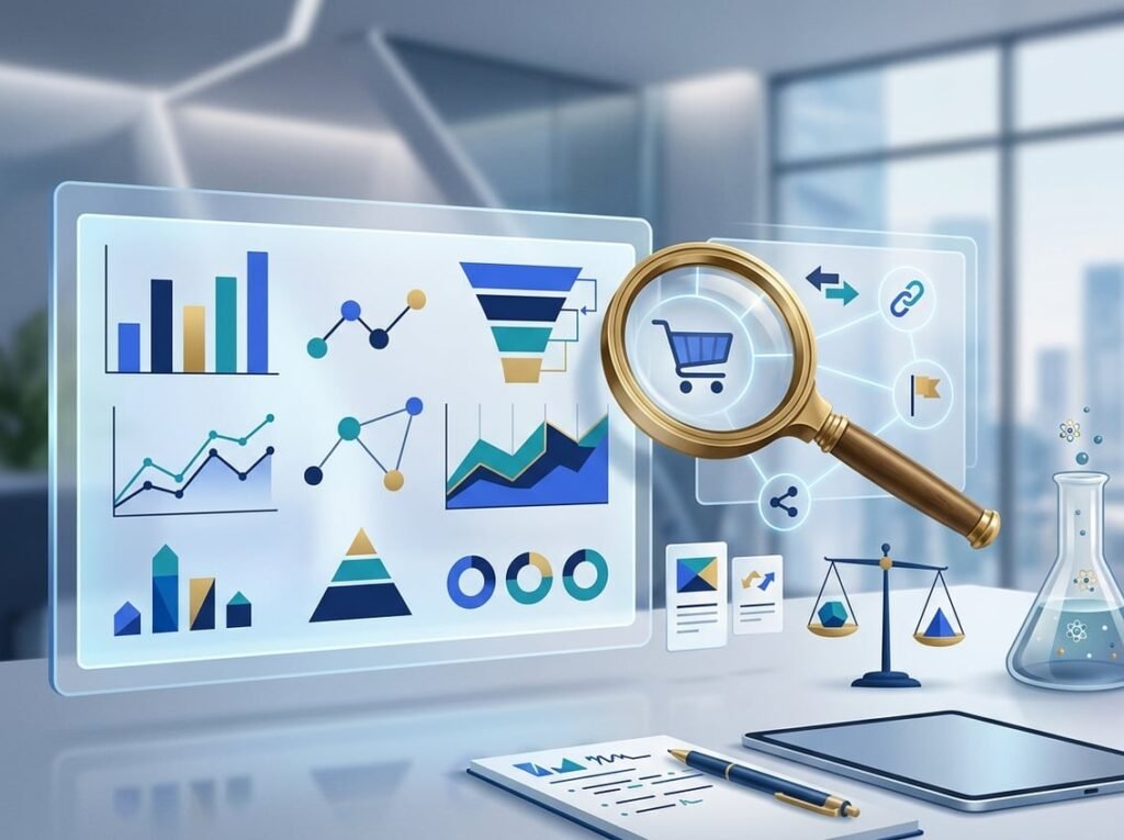 A modern workspace with a laptop showing abstract marketing analytics, surrounded by connected commerce symbols and review elements.