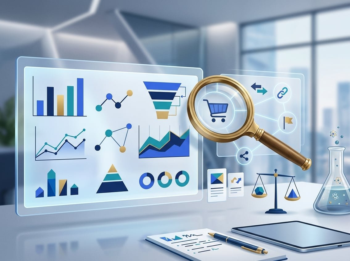A modern workspace with a laptop showing abstract marketing analytics, surrounded by connected commerce symbols and review elements.
