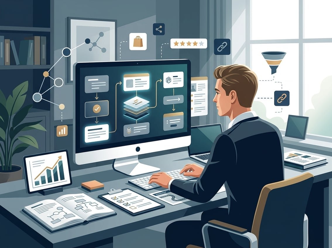 An entrepreneur studies an affiliate marketing learning roadmap in a modern home office.