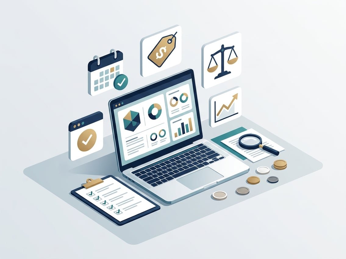 A laptop and desk display generic symbols for availability, pricing, comparison, and value.