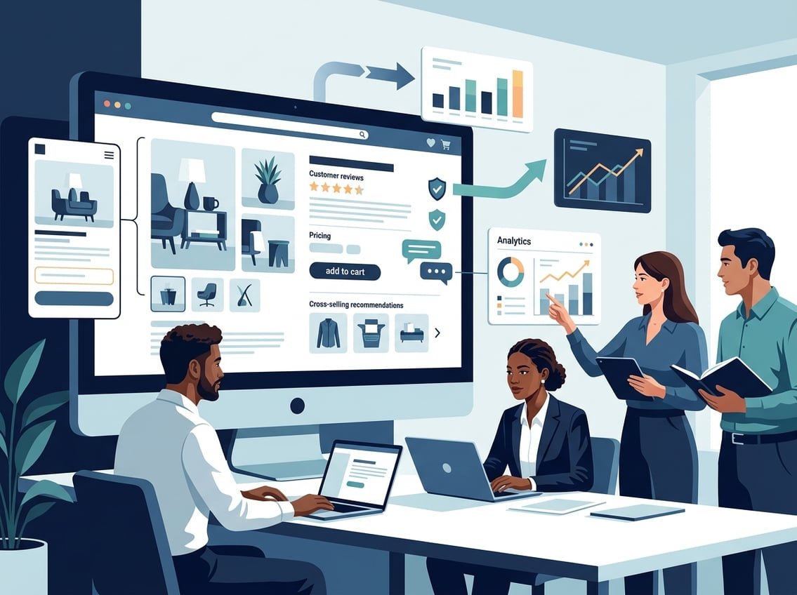A business team examines an online store interface and conversion analytics on computers and a tablet.