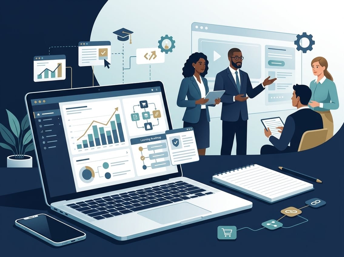 A mentor-led online learning scene with a laptop showing abstract marketing analytics, surrounded by digital commerce and education symbols.