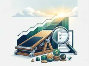 A springboard leads toward a bright horizon with coins, a magnifying glass, and an upward path symbolizing financial progress and careful evaluation.