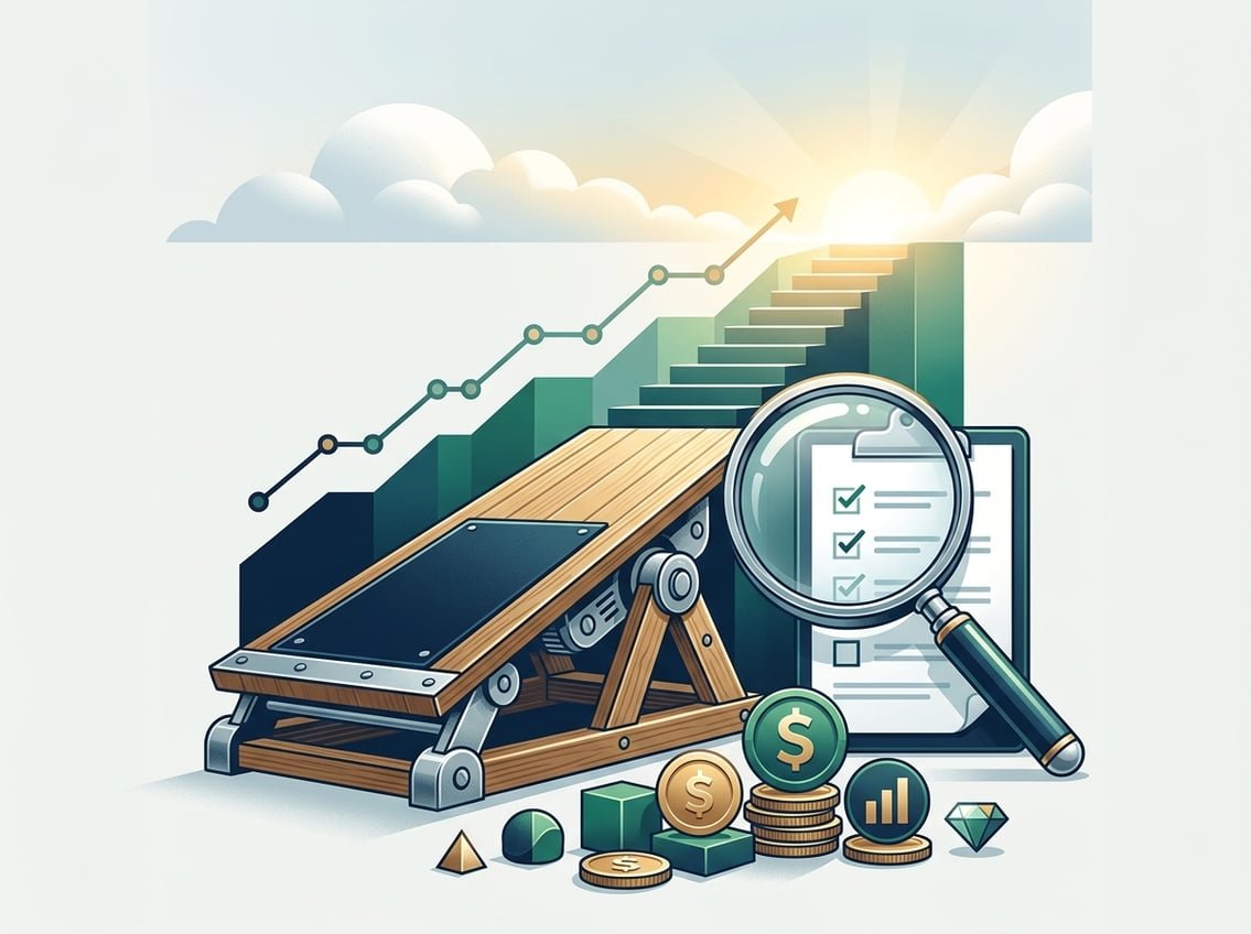 A springboard leads toward a bright horizon with coins, a magnifying glass, and an upward path symbolizing financial progress and careful evaluation.
