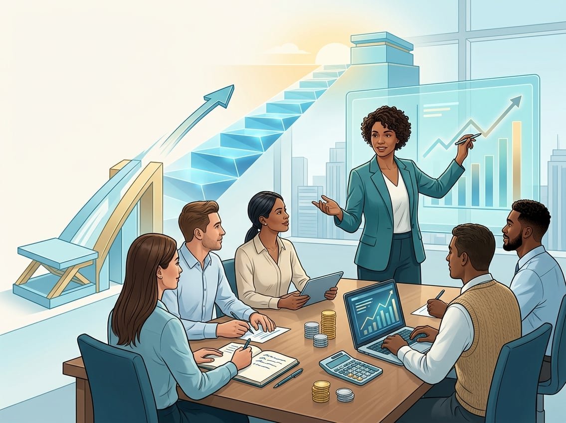 Professionals discuss a financial education program beside a springboard leading toward gradual financial growth.