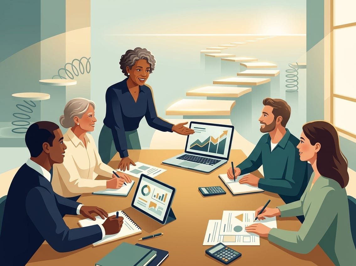 A mentor guides a diverse group of adults using financial learning tools as an upward pathway suggests progress.