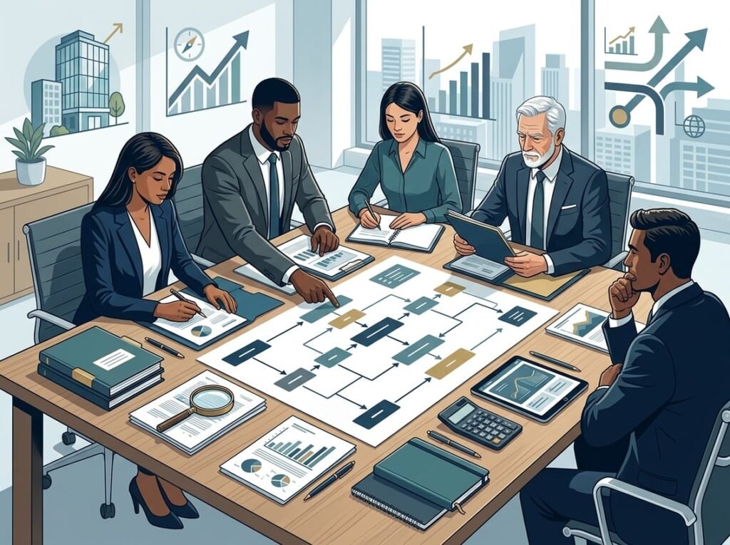 Finance professionals review lending documents and growth charts around a table in a modern office.