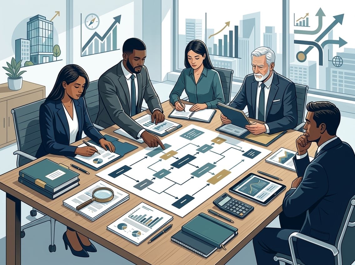 Finance professionals review lending documents and growth charts around a table in a modern office.