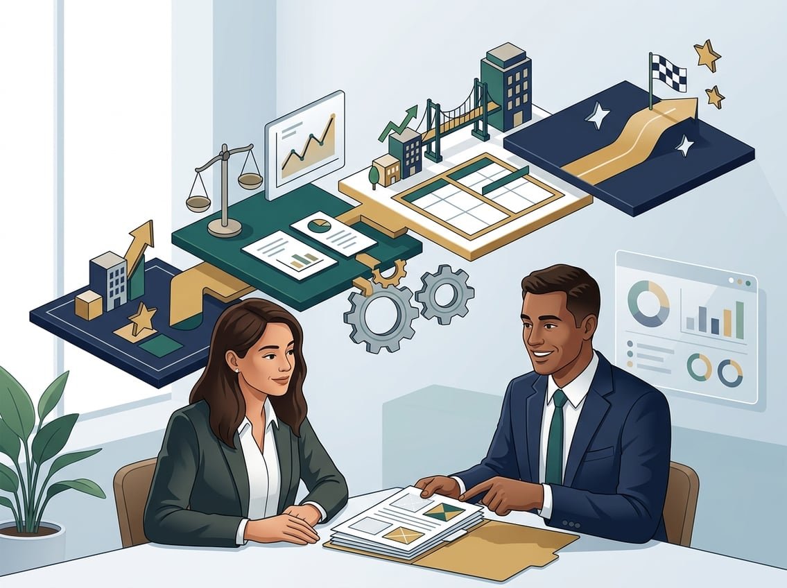A business owner and financial advisor review a structured lending plan beside a visual blueprint connecting business goals, financial assessment, funding, and growth.