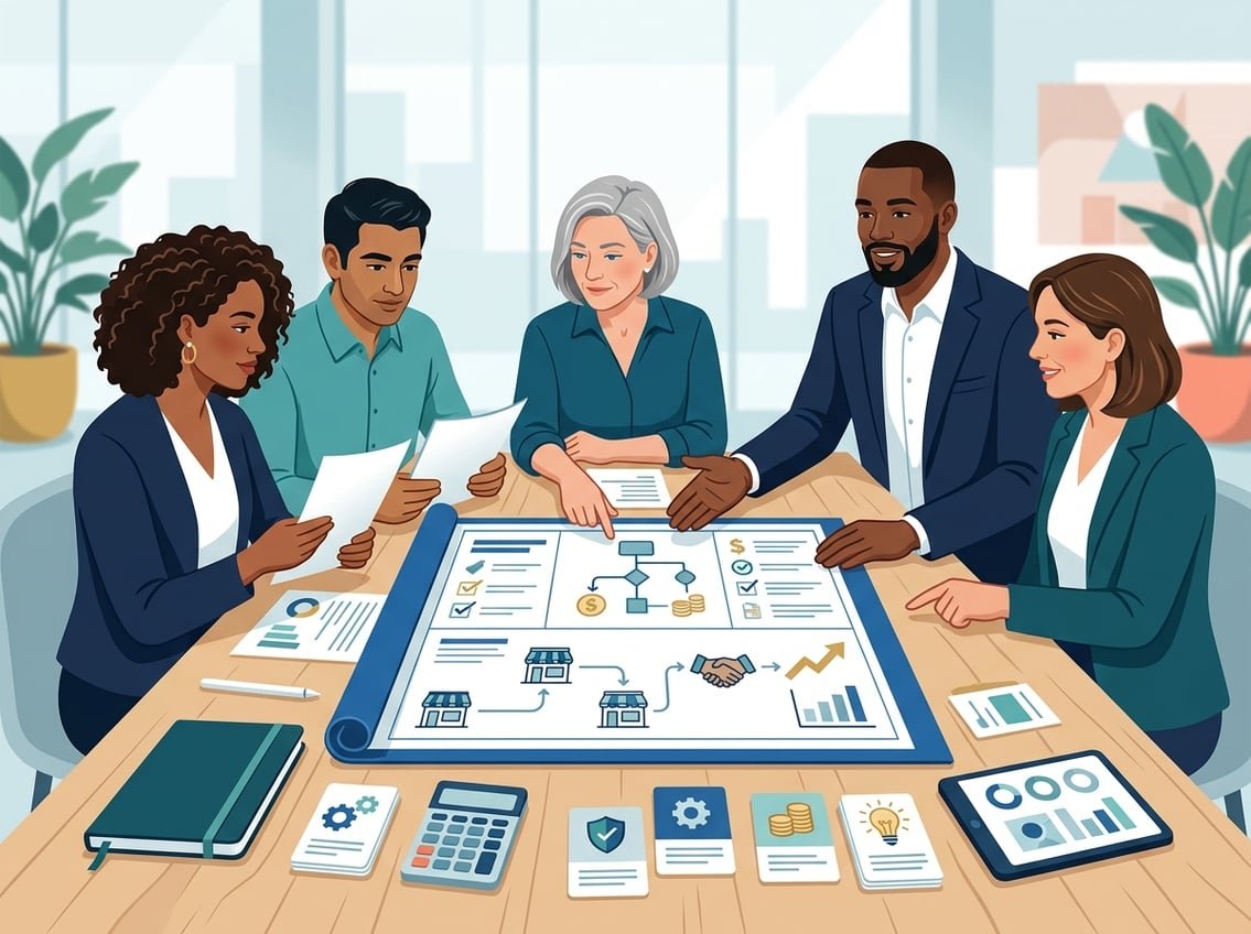 Business owners and a financial coach review a lending plan together at a table in a modern learning workspace.